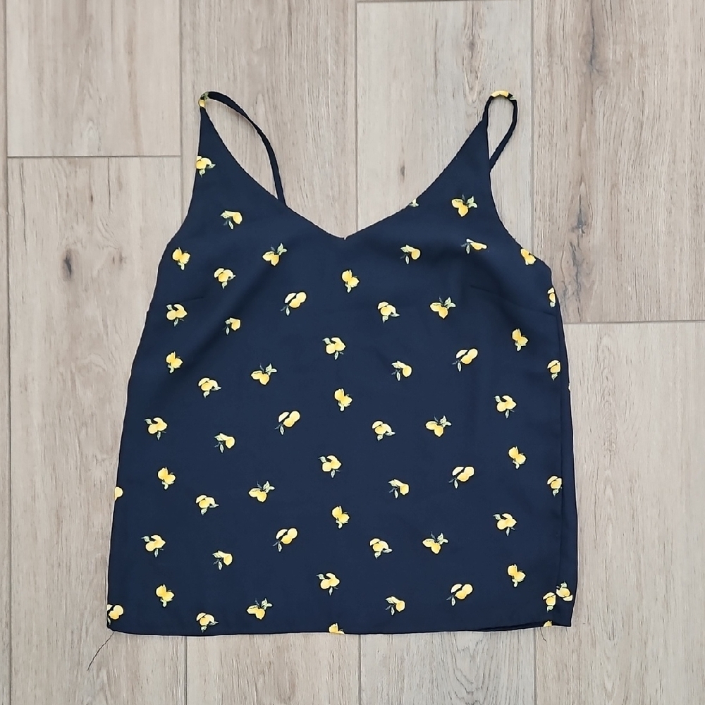 Banana Republic Navy Blue Tank Top with Yellow Lemon Pattern Size Xsmall
